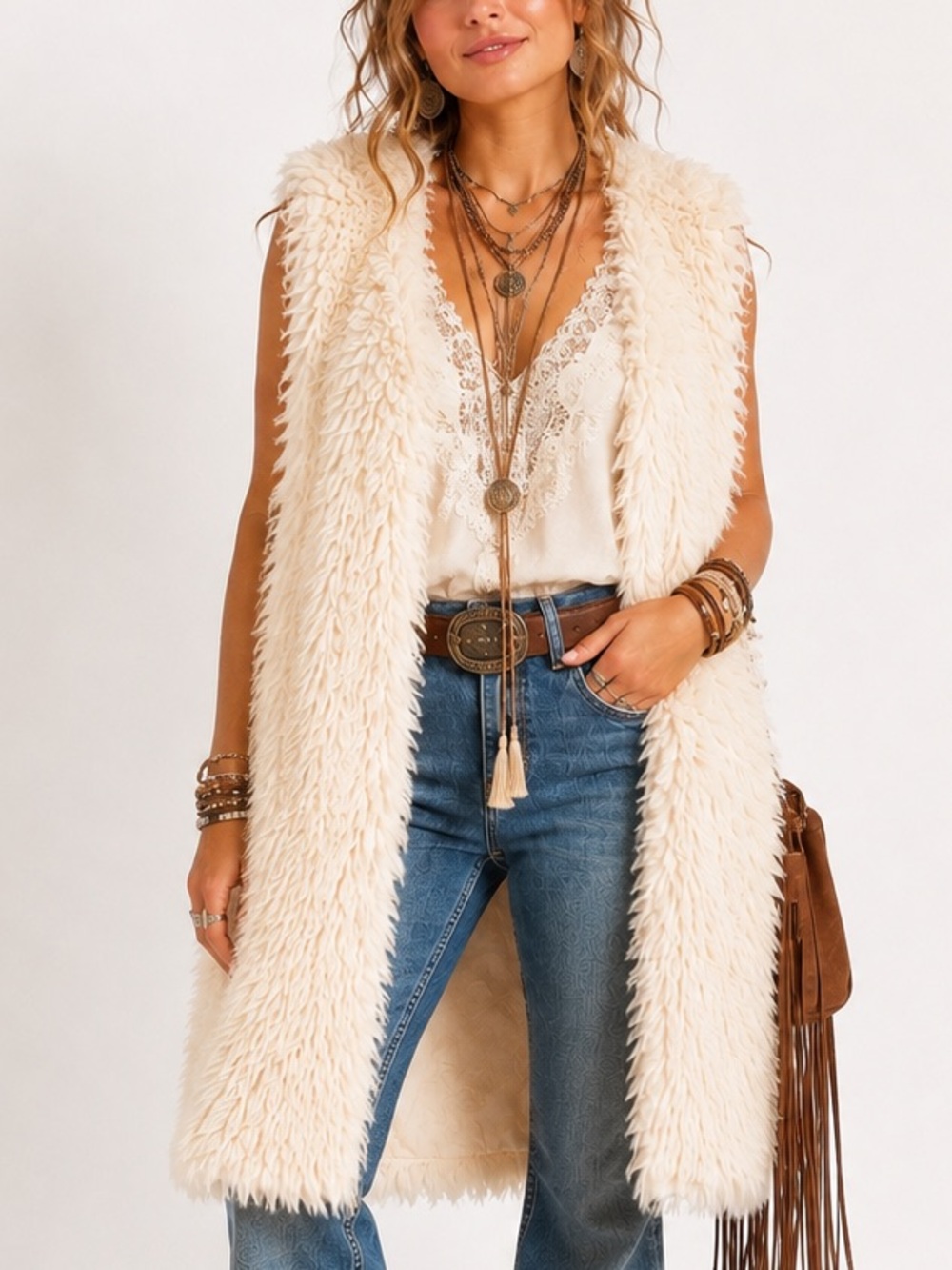 Maurices Cream Faux Fur Longline Vest Shaggy Boho Festival Open Front | Large